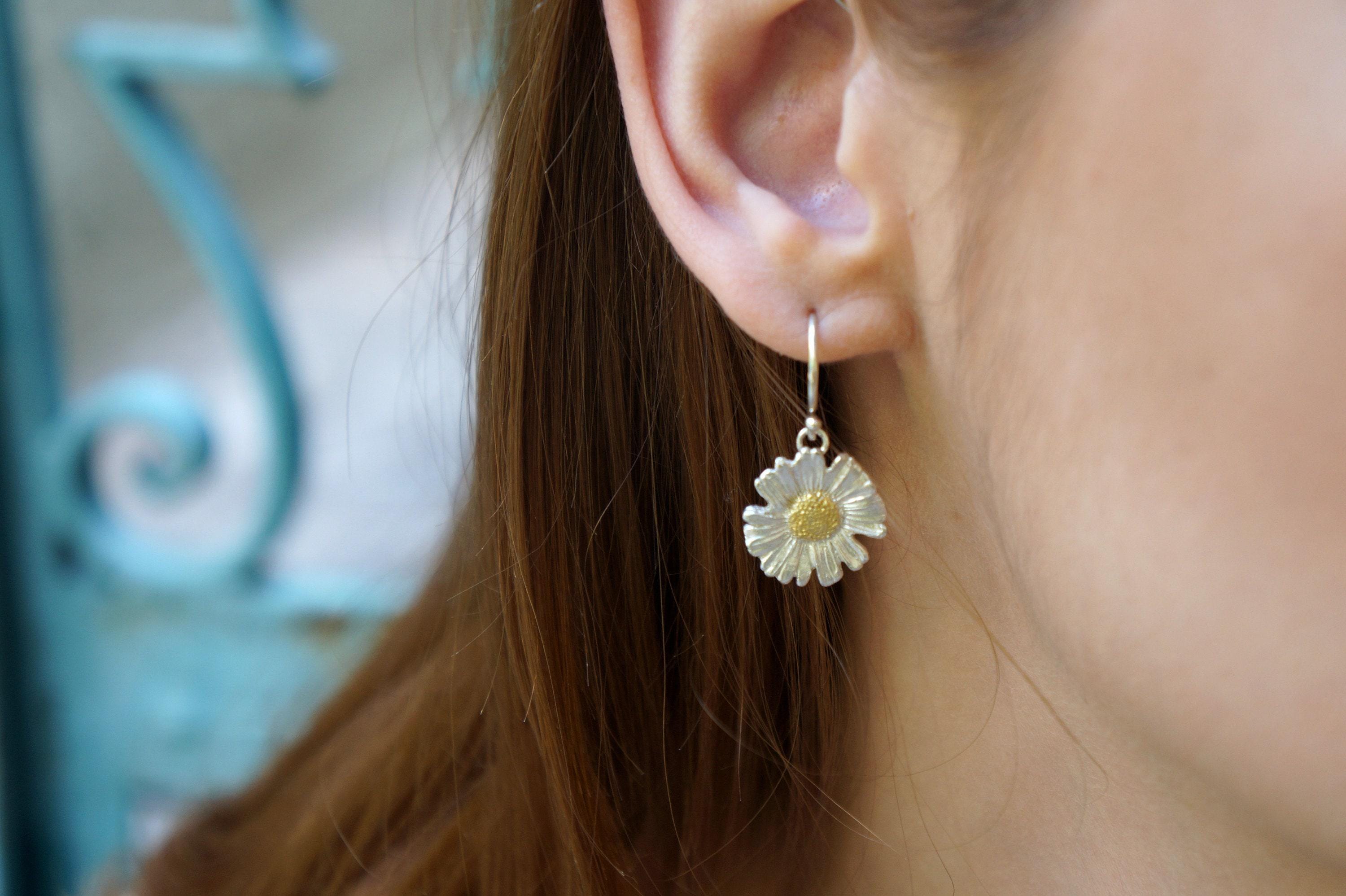 Botanical Sterling Silver Earrings, Real Daisy Flowers (Stud or Dangle)